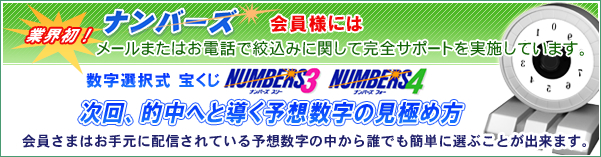 業界初!ナンバーズ会員さまにはメールまたはお電話で絞込みに関して完全サポートを実施しています。
数字選択式 宝くじ ナンバーズ3 ナンバーズ4
次回、的中へと導く予想数字の見極め方
会員さまはお手元に配信されている予想数字の中から誰でも簡単に選ぶことが出来ます。